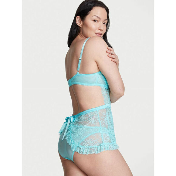Victoria's Secret 36C/36D L BABYDOLL apron SET M Panty AQUA BLUE lace open-back - Picture 2 of 3